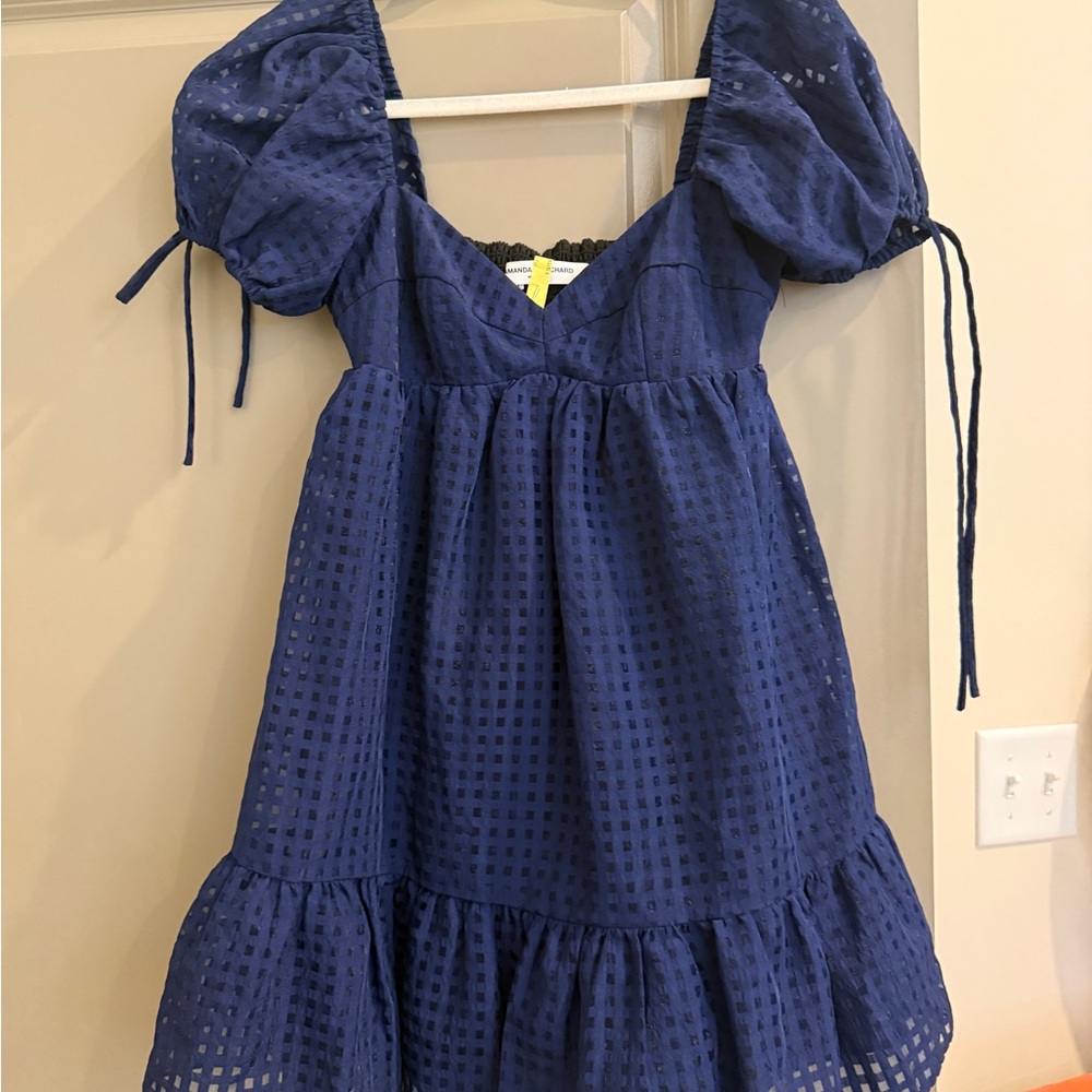 Amanda Uprichard Navy Puff-Sleeve Eyelet Dress